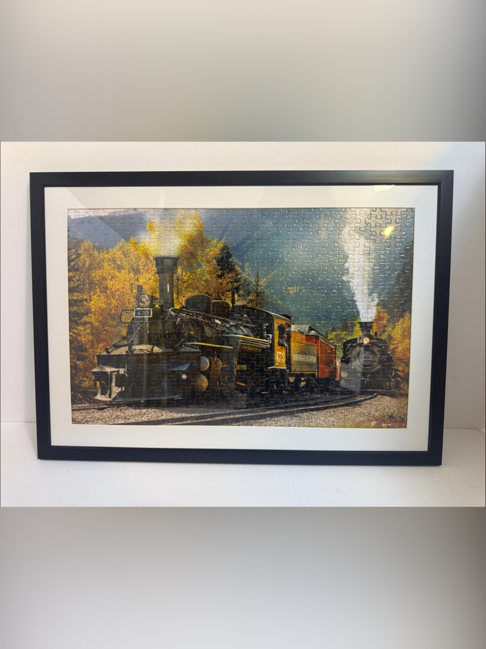 Framed Puzzle Black Train Wall Art Print in Autumn Tones